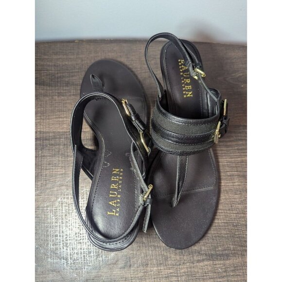 Ralph Lauren Womens Leather Adjustable Slingback T-Strap Thong Sandal Black 8 - Picture 6 of 11